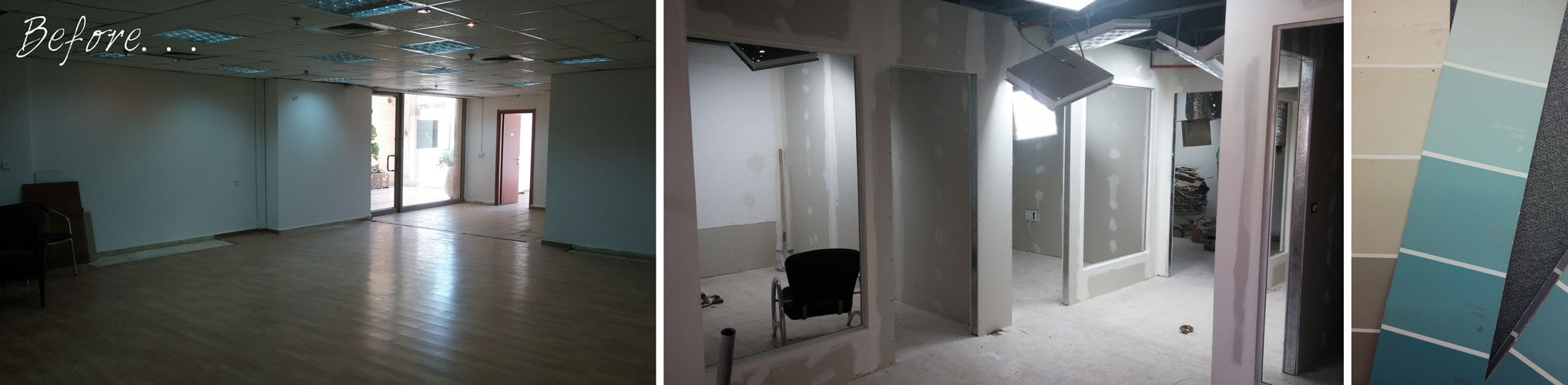 חלל המשרדים לפני השיפוץ- ריק, מוזנח וחשוך ובתהליך העבודה-חלוקה לחללים ופלטת צבעים