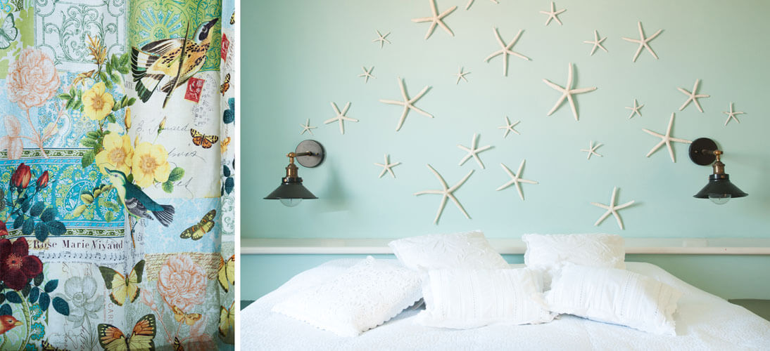 אבזרי עיצוב בסוויטת ההורים, כוכבי ים על הקירות ווילון כפול להחשכה מושלמת בצבעוניות קאריבית משמחת. 