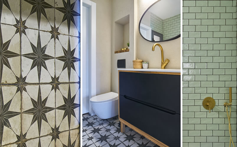 שילוב צבעים וחומרים בחדר אמבטיה בעיצוב כפרי- רצפה מצויירת משופשפת בשחור ולבן עם בריקים בגוון ירוק מרווה וטיח אקרילי בהיר