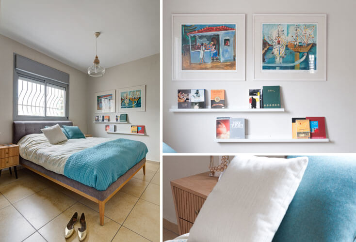 יצירות האמנות האהובות של בני הזוג קיבלו מקום של כבוד בחדר השינה בדירה בסגנון רטרו נקי. 