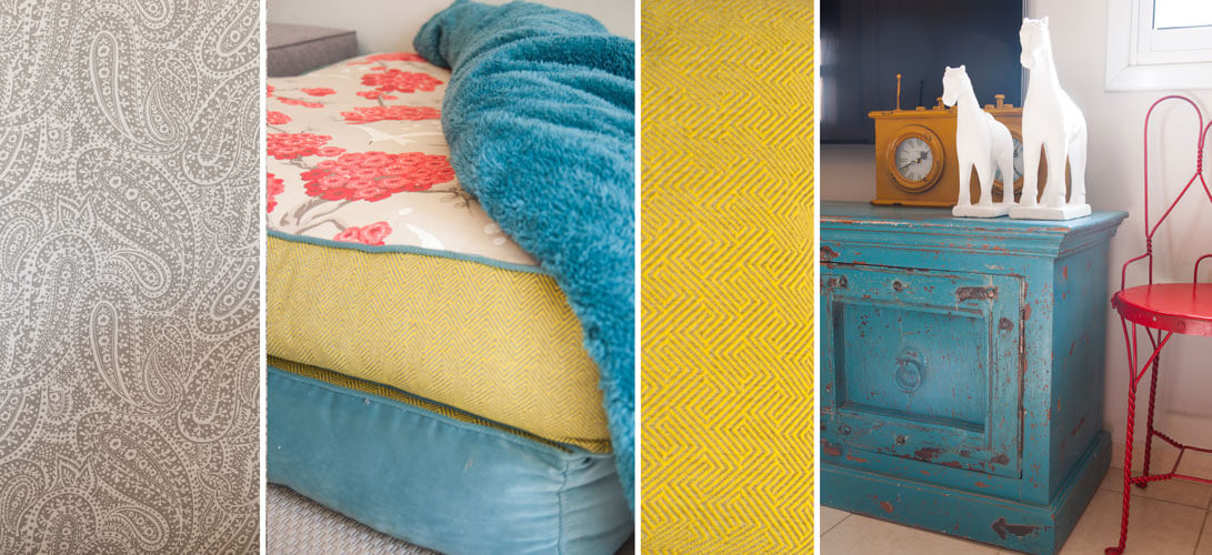 מגוון רחב של צבעים וטקסטורות יוצרים עניין בסלון בית בסגנון בוהו-שיק. 