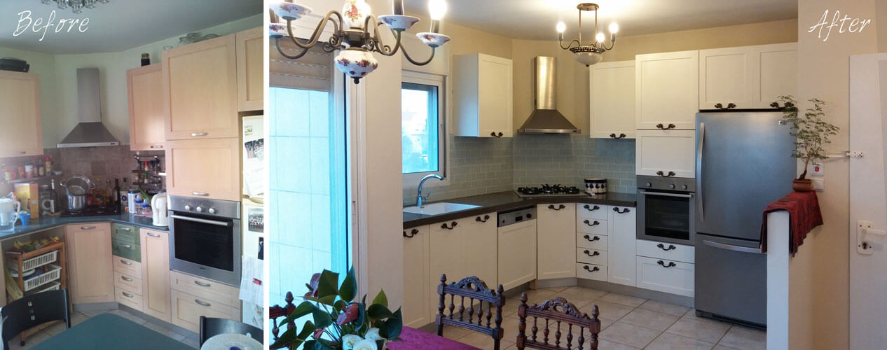 המטבח לפני ואחרי- הוחלפו החזיתות, הידיות, משטח העבודה והכיור וחיפוי הקיר. 